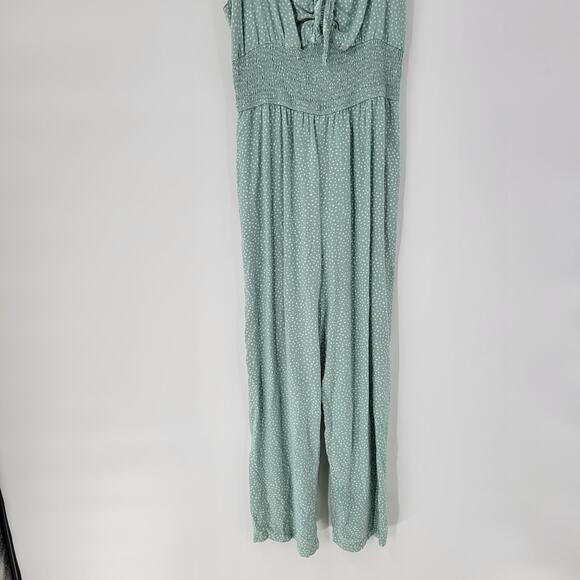 Jessica Simpson Jumpsuit Womens M Green White Polka Dot Wide Leg Smocked Straps - Picture 10 of 14